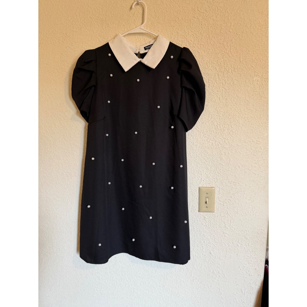 SHEIN Curve Black Pearl Embellished Peter Pan Collar Puff Sleeve Shift Dress 0XL